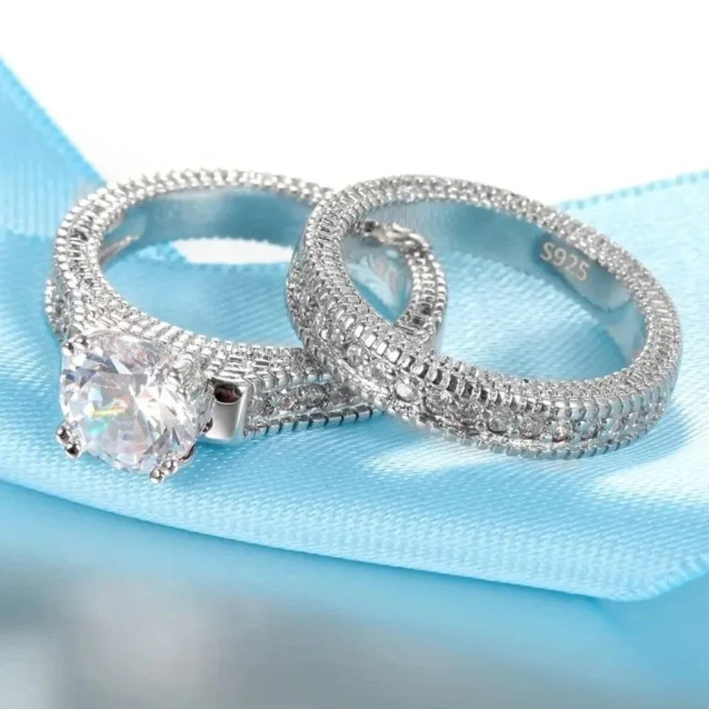 Gorgeous 2pc. Bridal Wedding set. Stamped Solid .925 Sterling Silver